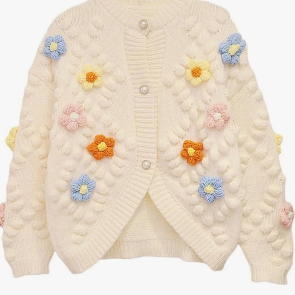 Cream Cardigan with Colorful Flower Accents